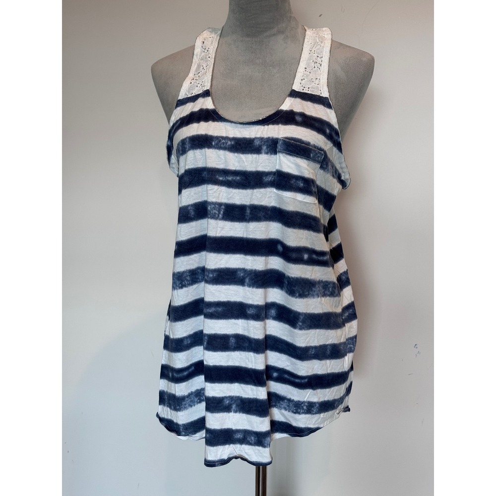 Route 66 Womens Blue White Striped Lace Racerback y2k Tank Top Large Pocket